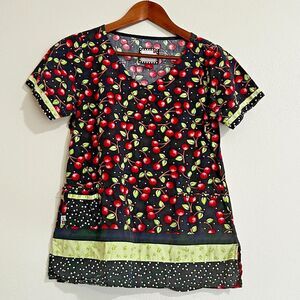 Mary Engelbreit Women's Shirt Top Black Red Cherries Scrub Short Sleeve sz XS